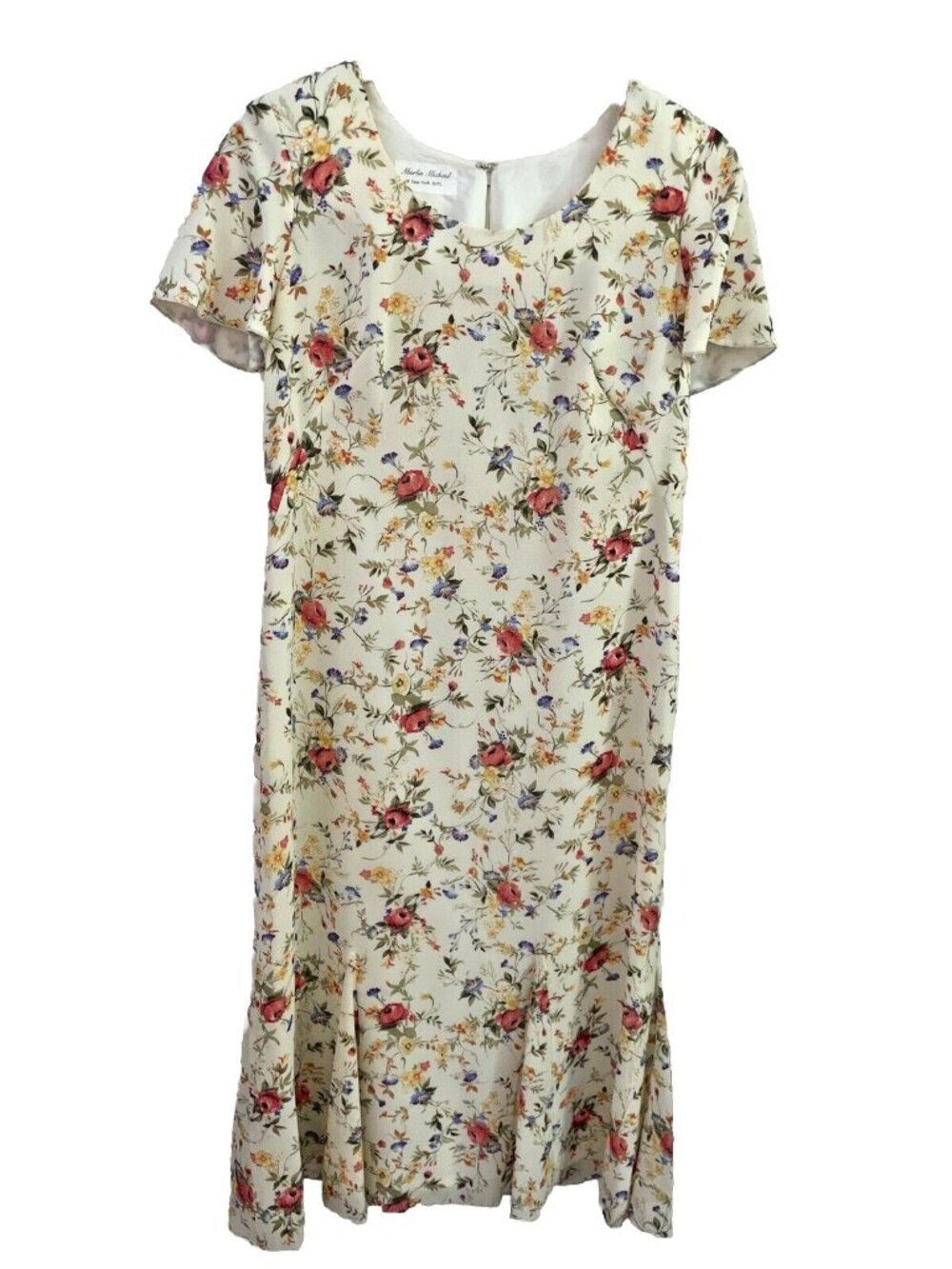 Women's Floral Midi Dress Size 12 Multicolor Sheer Fit & Flare Fairy Whimsical